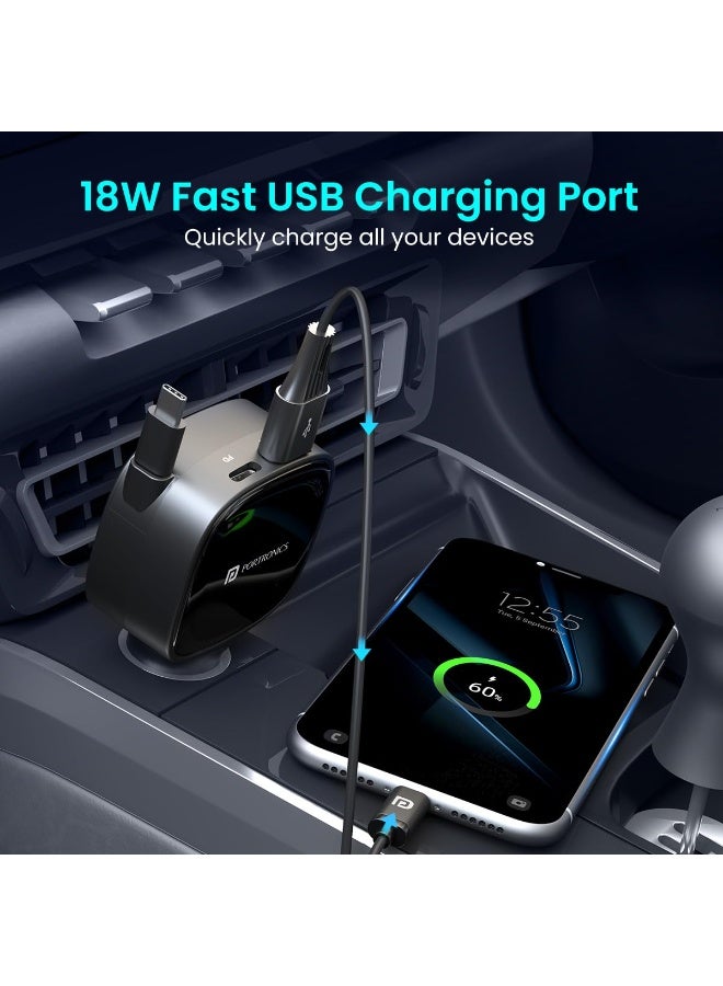 بورترونيكس Portronics Car Power Retracto 84W 3 in 1 Car Charger, 80 cm Retractable Cable (33W Type-C PD), Dual Port (18W USB Type-A & 33W Type-C) for Laptop, Android, iPhone, Earbuds and More (Black) - Image 3